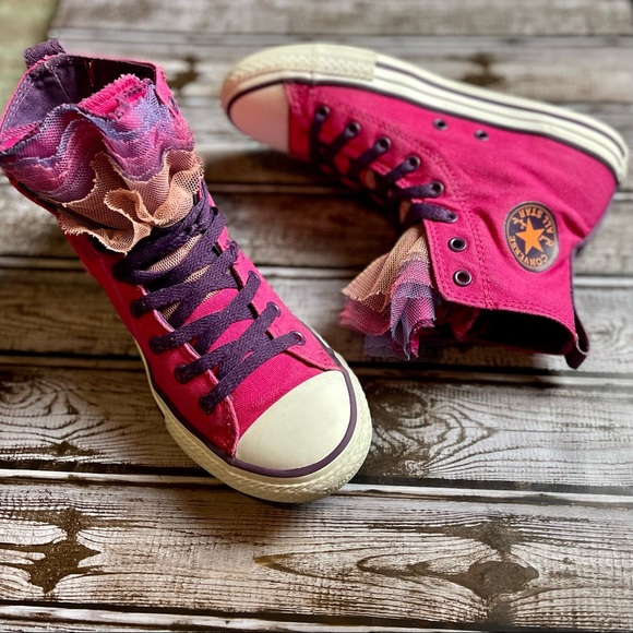 Converse Girls All Star Chuck Taylor Distressed Pink Party Hi Top Sneakers 4 - Picture 11 of 16